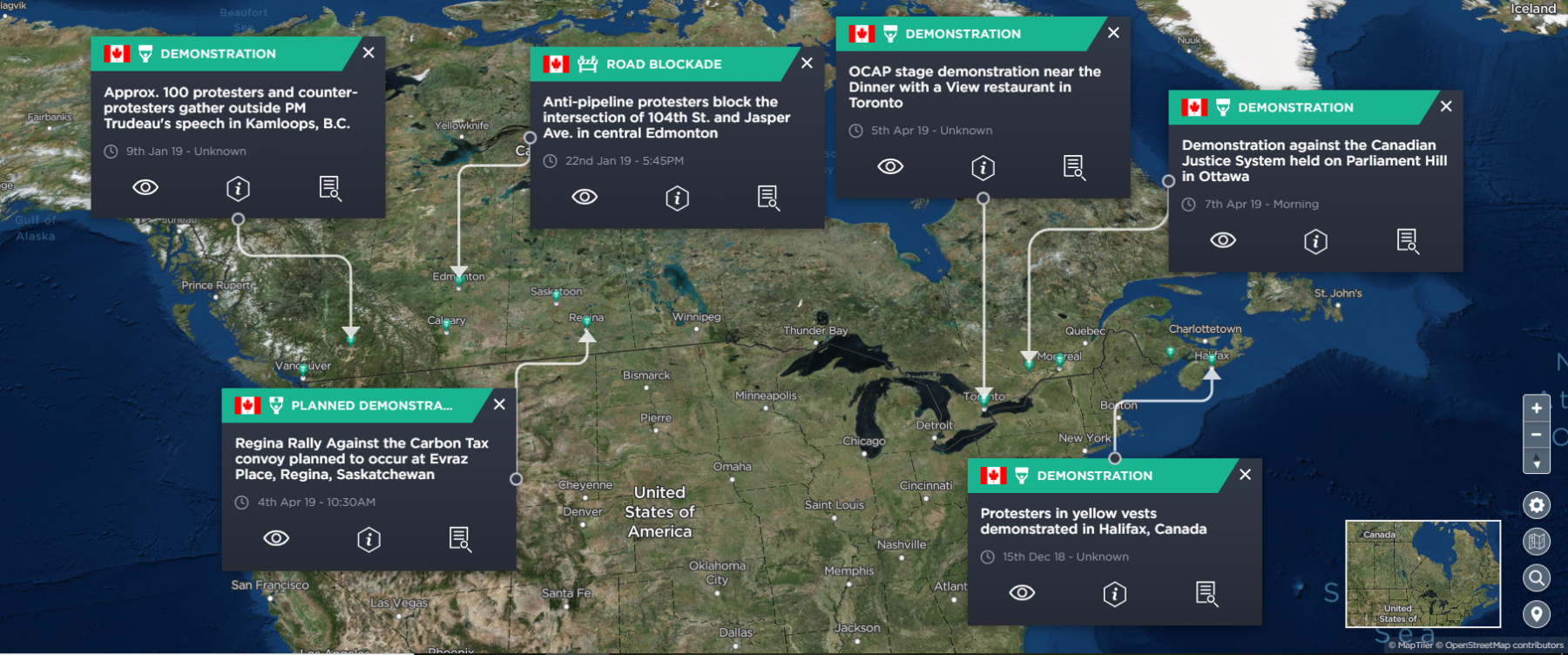 A map showing the various yellow vest protests and pipeline demonstration in Canada throughout 2019